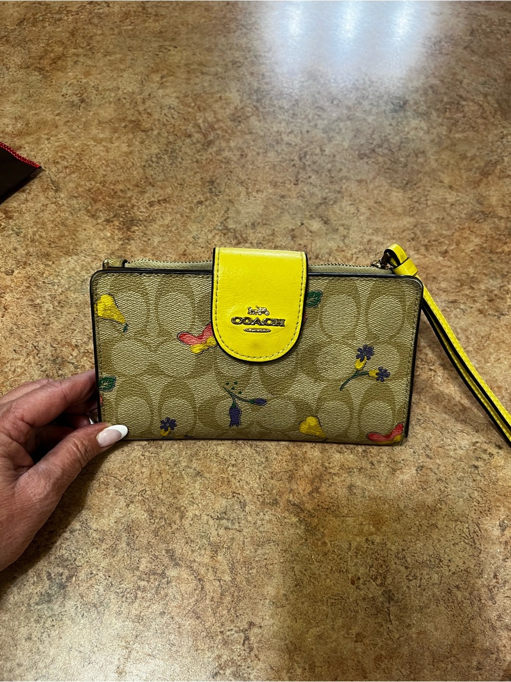 Coach Floral Signature Canvas Wristlet with Yellow Trim